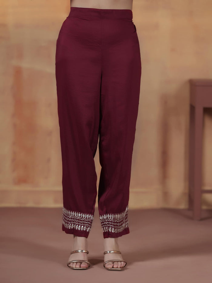Women Silk Blend Maroon Embroidered Kurta Comfort Pant With Dupatta.