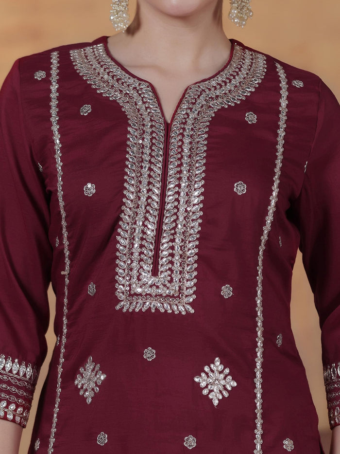 Women Silk Blend Maroon Embroidered Kurta Comfort Pant With Dupatta.