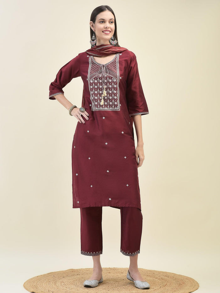 Women Silk Blend Maroon Embroidered Kurta Trouser Dupatta.