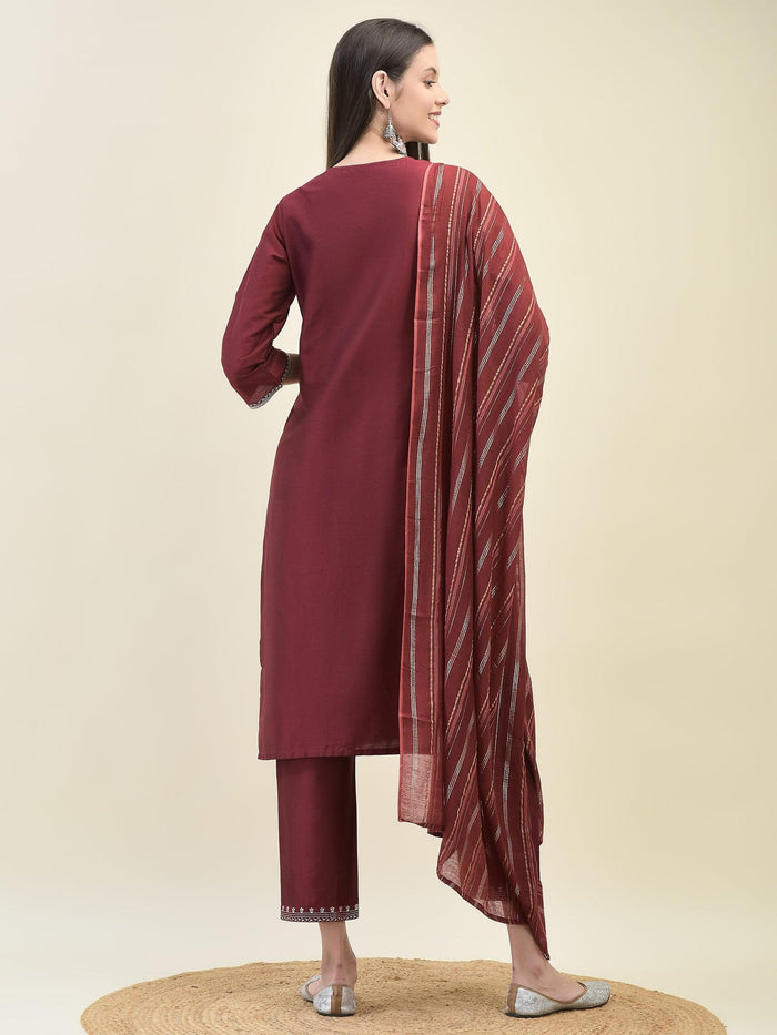 Women Silk Blend Maroon Embroidered Kurta Trouser Dupatta.