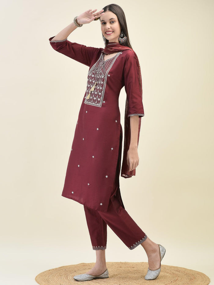Women Silk Blend Maroon Embroidered Kurta Trouser Dupatta.