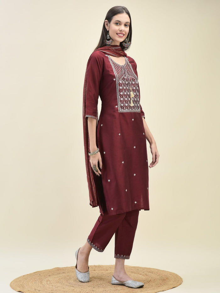 Women Silk Blend Maroon Embroidered Kurta Trouser Dupatta.
