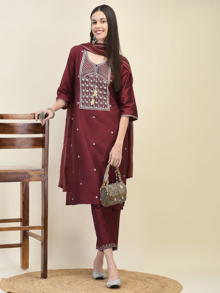 Women Silk Blend Maroon Embroidered Kurta Trouser Dupatta.