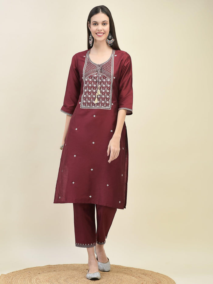Women Silk Blend Maroon Embroidered Kurta Trouser Dupatta.