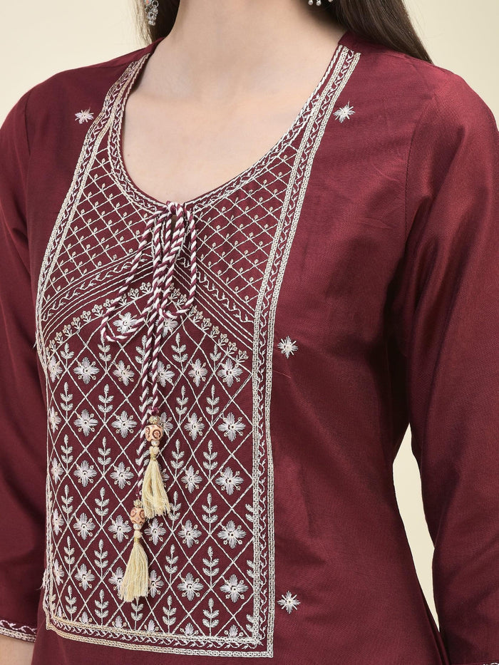 Women Silk Blend Maroon Embroidered Kurta Trouser Dupatta.
