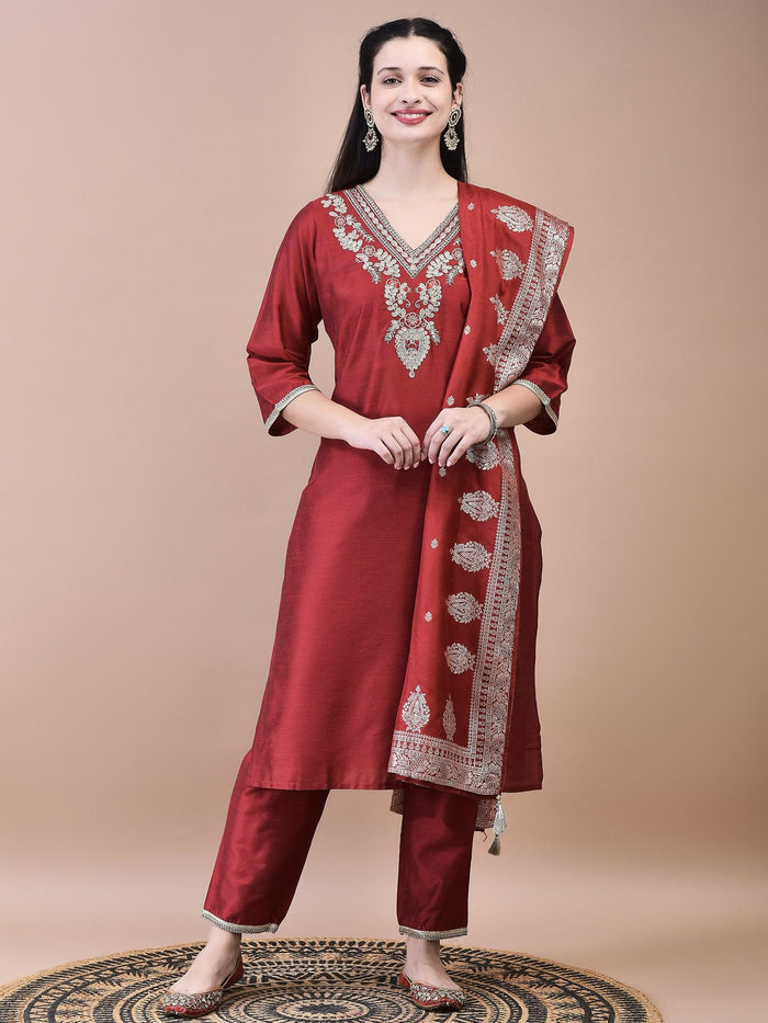 Women Silk Blend Maroon Embroidered Kurta Trouser with Dola Jacquard Dupatta.
