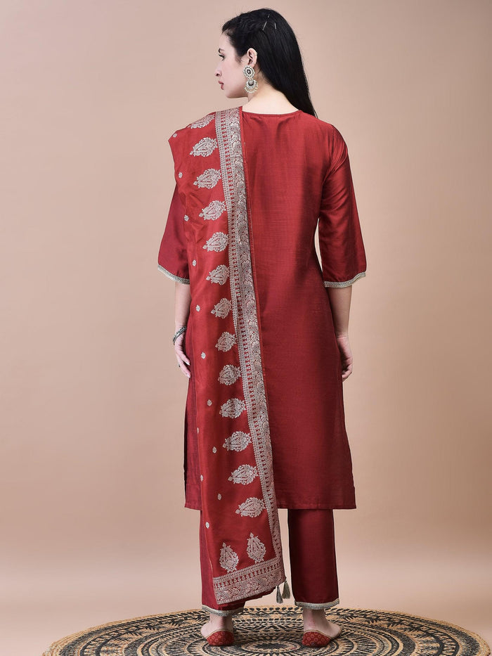 Women Silk Blend Maroon Embroidered Kurta Trouser with Dola Jacquard Dupatta.