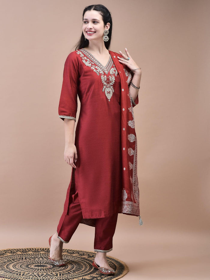 Women Silk Blend Maroon Embroidered Kurta Trouser with Dola Jacquard Dupatta.