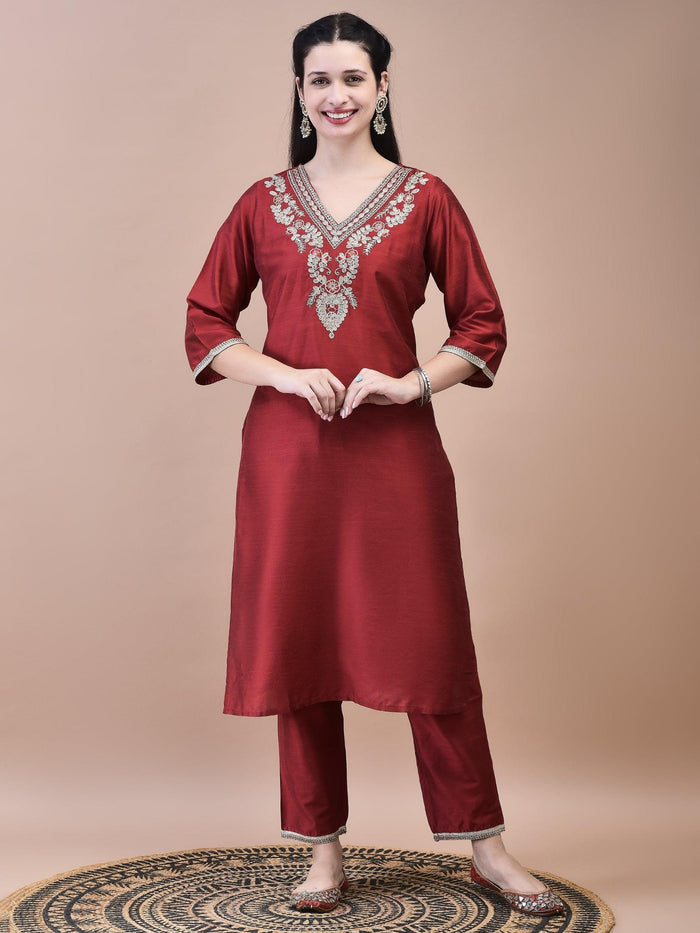Women Silk Blend Maroon Embroidered Kurta Trouser with Dola Jacquard Dupatta.