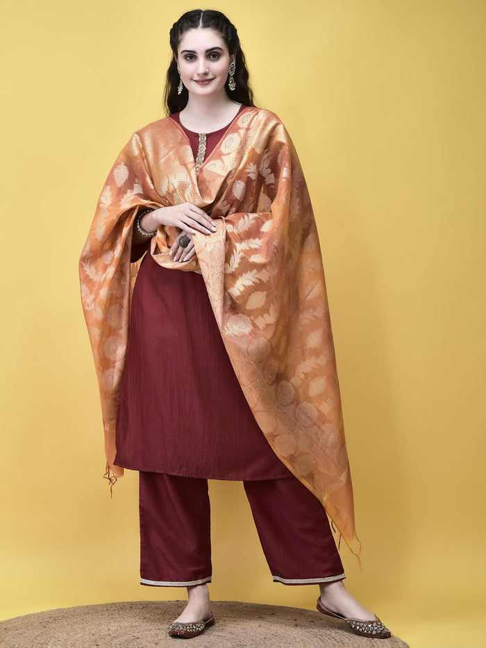 Women Silk Blend Maroon Solid Kurta Comfort Pant Chanderi Dupatta.