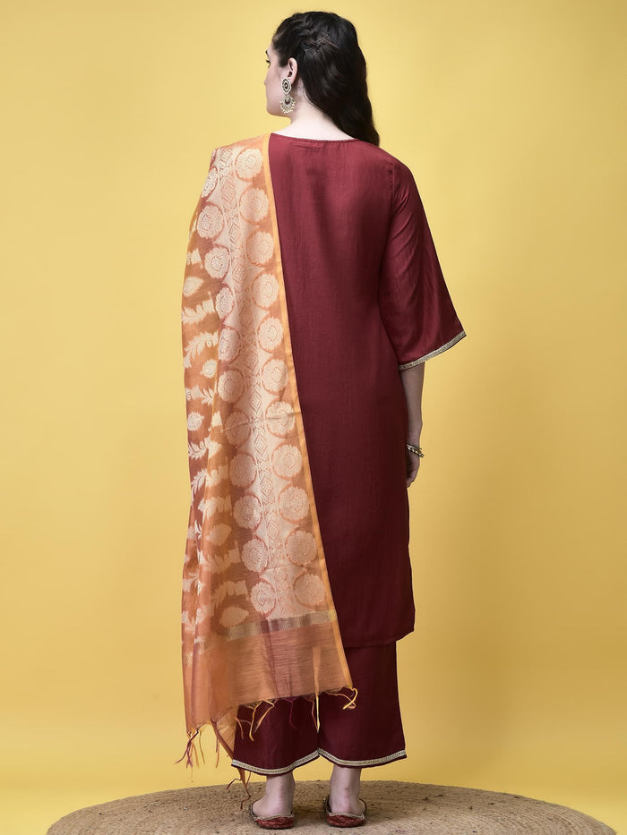Women Silk Blend Maroon Solid Kurta Comfort Pant Chanderi Dupatta.