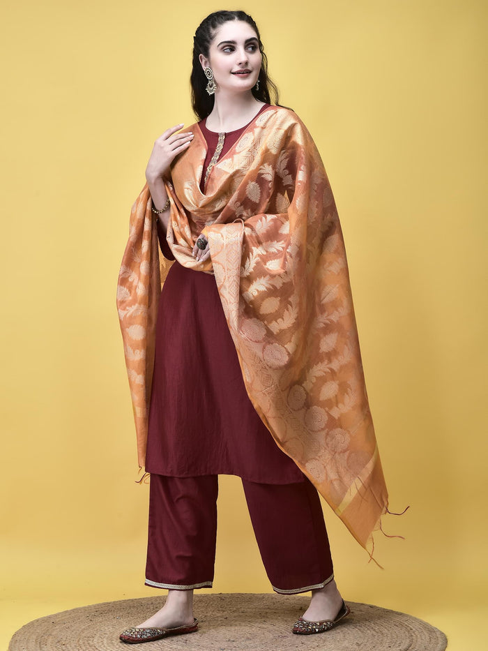 Women Silk Blend Maroon Solid Kurta Comfort Pant Chanderi Dupatta.