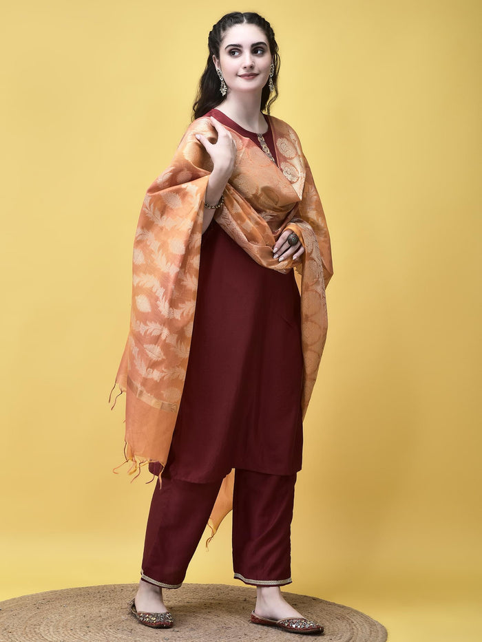 Women Silk Blend Maroon Solid Kurta Comfort Pant Chanderi Dupatta.
