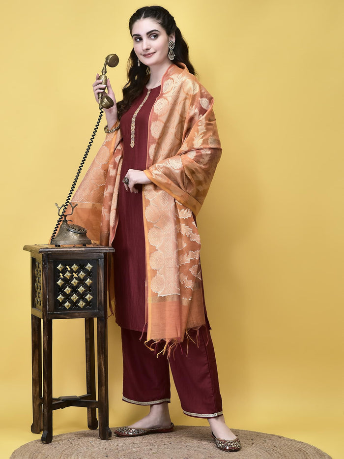 Women Silk Blend Maroon Solid Kurta Comfort Pant Chanderi Dupatta.