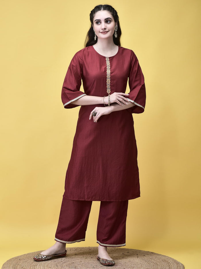 Women Silk Blend Maroon Solid Kurta Comfort Pant Chanderi Dupatta.