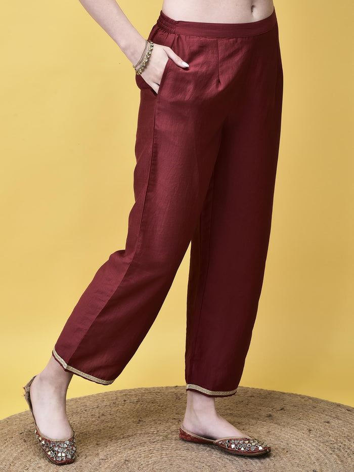 Women Silk Blend Maroon Solid Kurta Comfort Pant Chanderi Dupatta.