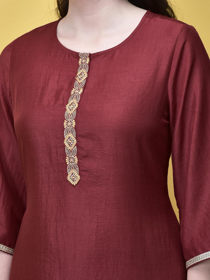 Women Silk Blend Maroon Solid Kurta Comfort Pant Chanderi Dupatta.