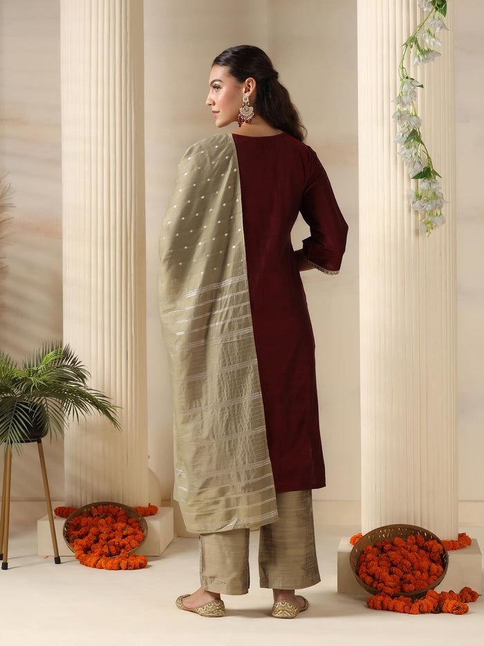 Women Silk Blend Maroon Solid Kurta Comfort Pant Dupatta.
