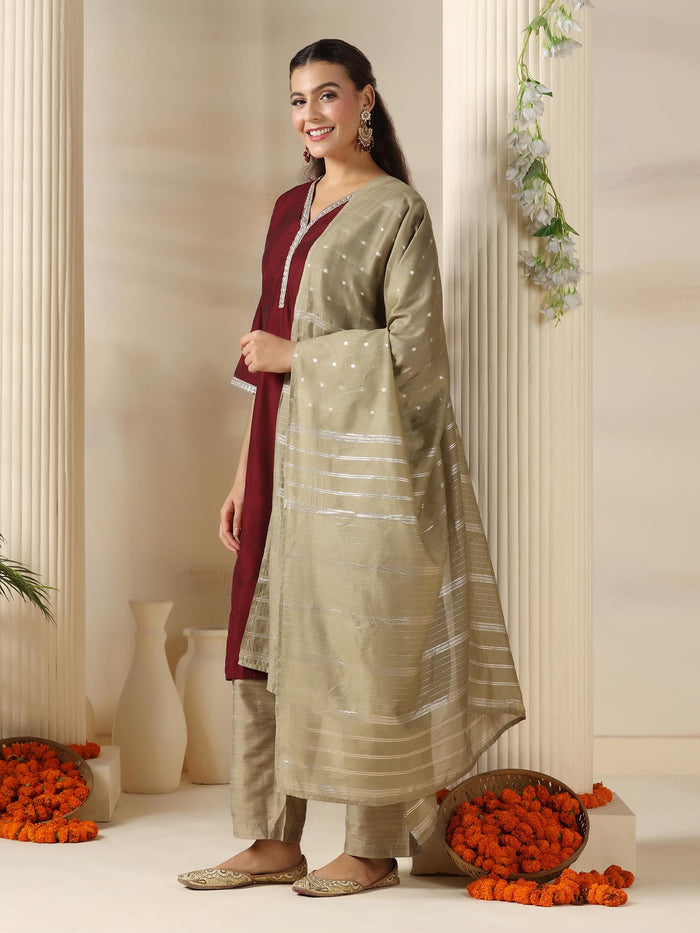 Women Silk Blend Maroon Solid Kurta Comfort Pant Dupatta.