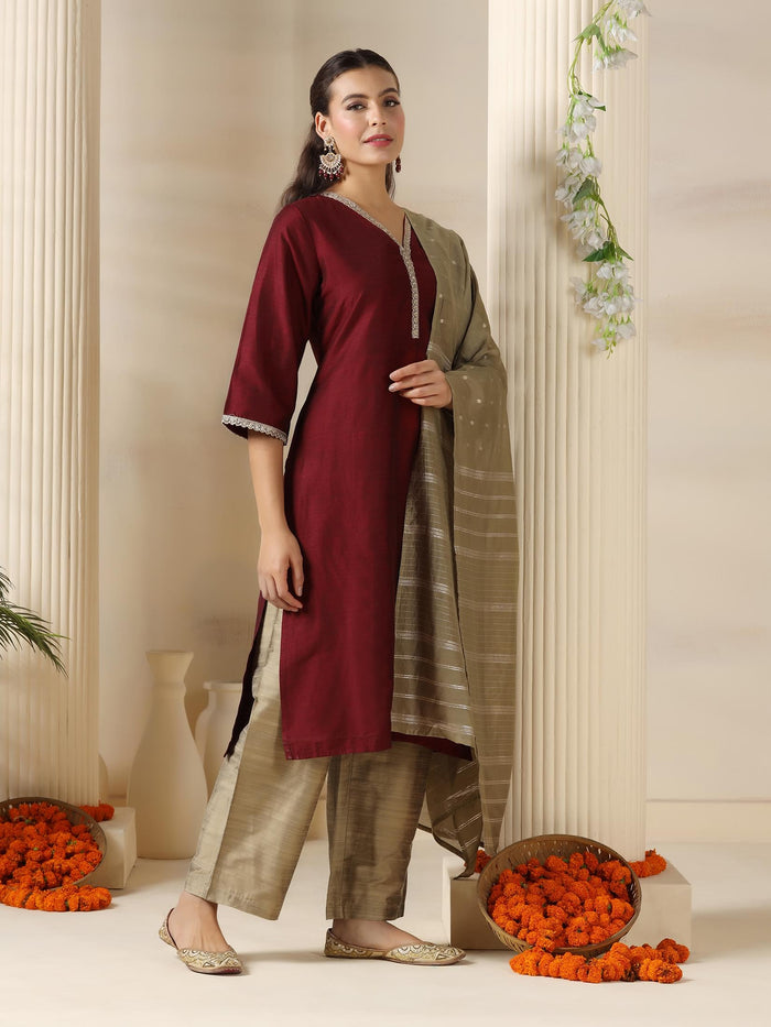 Women Silk Blend Maroon Solid Kurta Comfort Pant Dupatta.