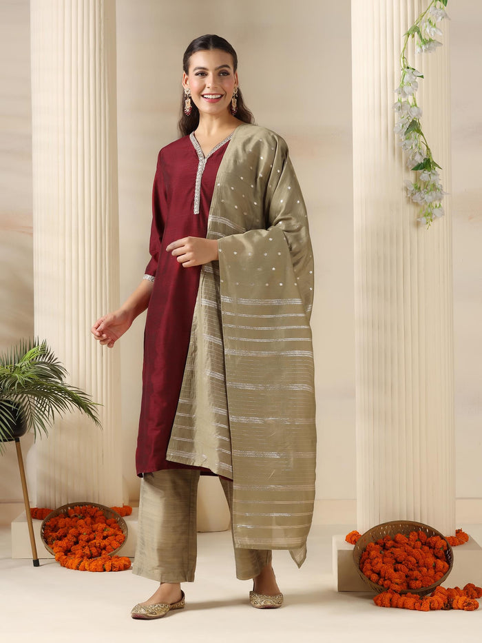 Women Silk Blend Maroon Solid Kurta Comfort Pant Dupatta.