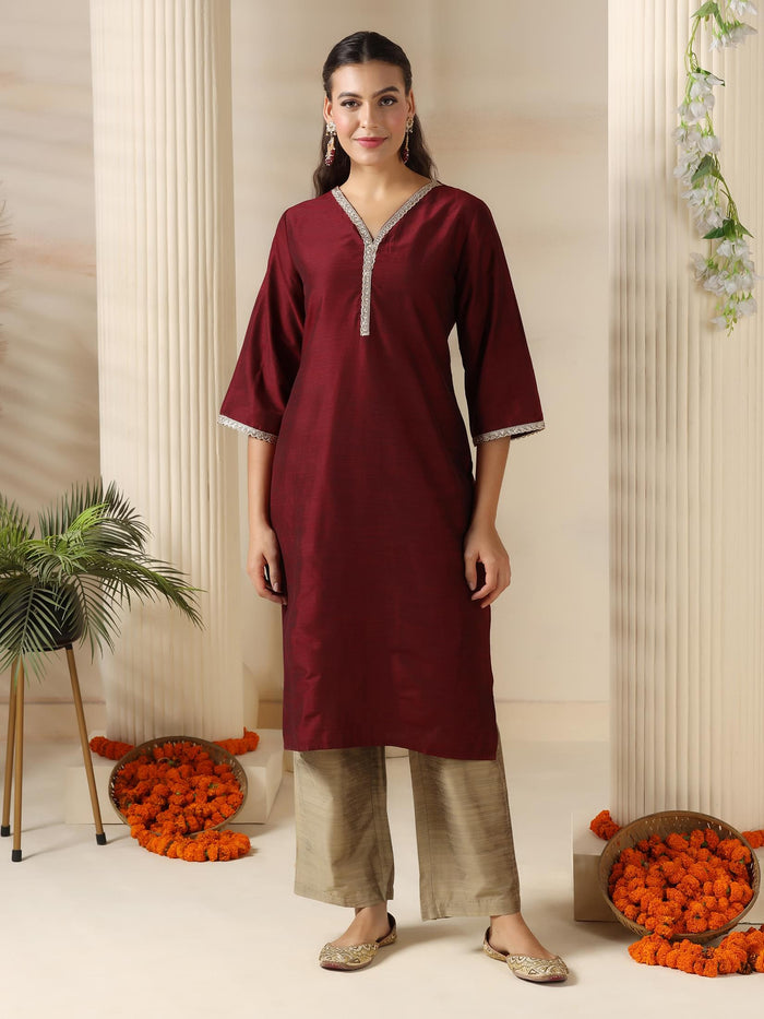 Women Silk Blend Maroon Solid Kurta Comfort Pant Dupatta.