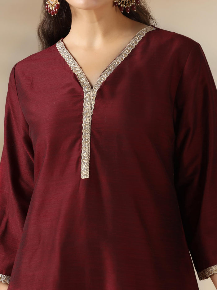 Women Silk Blend Maroon Solid Kurta Comfort Pant Dupatta.