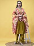 Women Silk Blend Mustard Embroidered Kurta Comfort Pant Chanderi Dupatta.