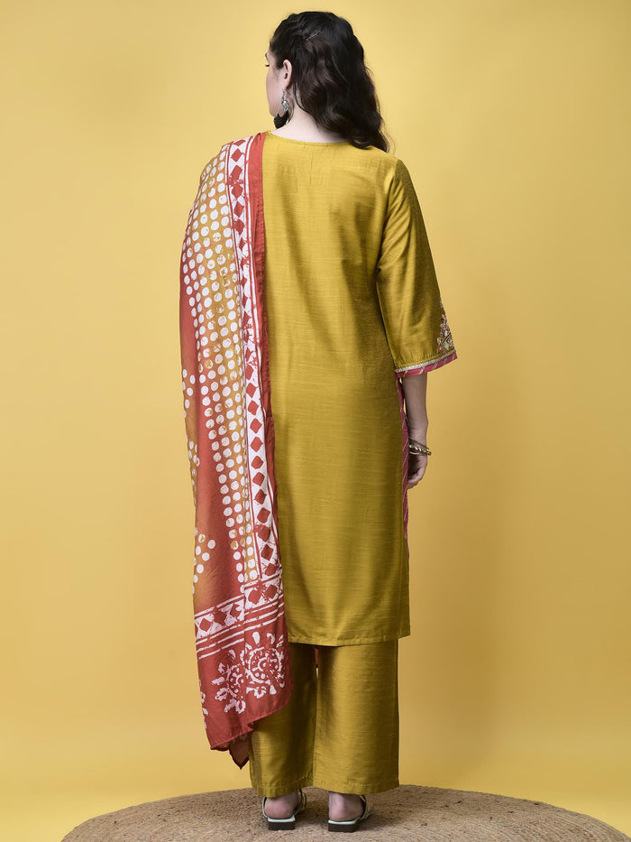 Women Silk Blend Mustard Embroidered Kurta Comfort Pant Chanderi Dupatta.