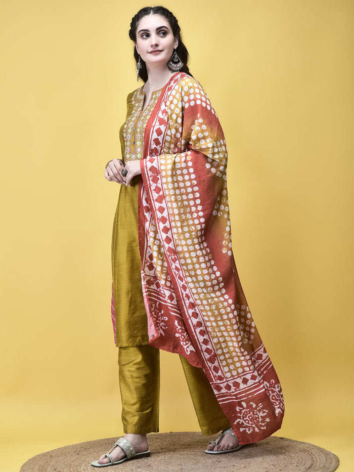 Women Silk Blend Mustard Embroidered Kurta Comfort Pant Chanderi Dupatta.