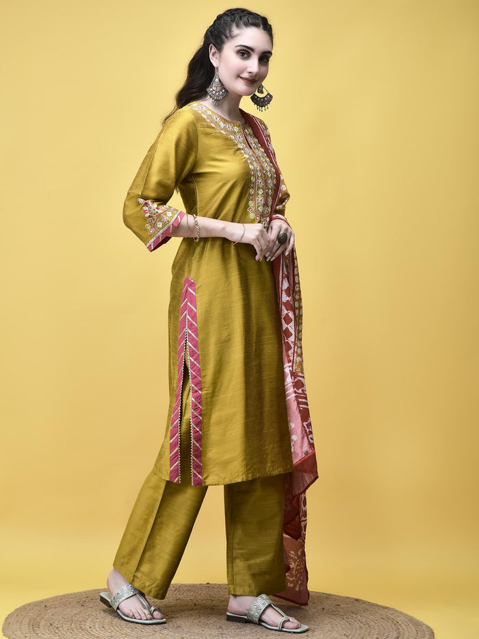Women Silk Blend Mustard Embroidered Kurta Comfort Pant Chanderi Dupatta.