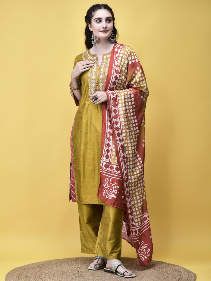 Women Silk Blend Mustard Embroidered Kurta Comfort Pant Chanderi Dupatta.