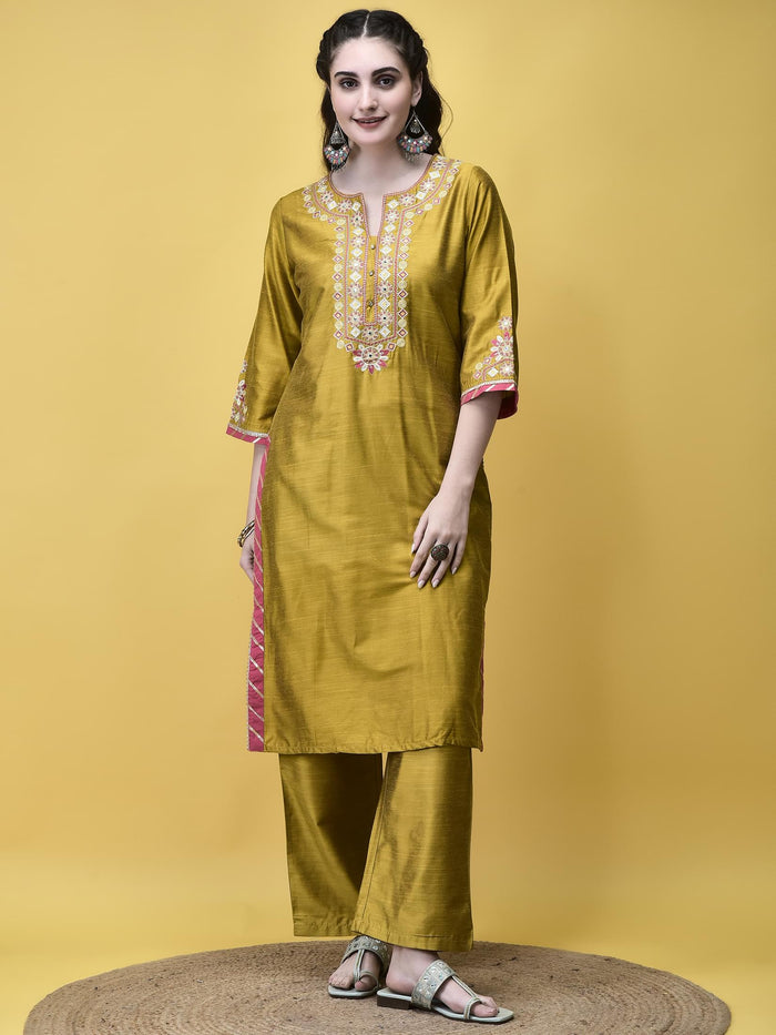 Women Silk Blend Mustard Embroidered Kurta Comfort Pant Chanderi Dupatta.
