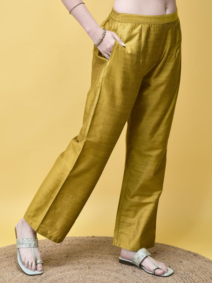 Women Silk Blend Mustard Embroidered Kurta Comfort Pant Chanderi Dupatta.