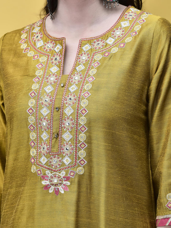 Women Silk Blend Mustard Embroidered Kurta Comfort Pant Chanderi Dupatta.