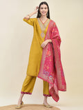 Women Silk Blend Mustard Embroidered Kurta Comfort Pant Dupatta.