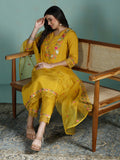 Women Silk Blend Mustard Embroidered Kurta Comfort Pant Dupatta.