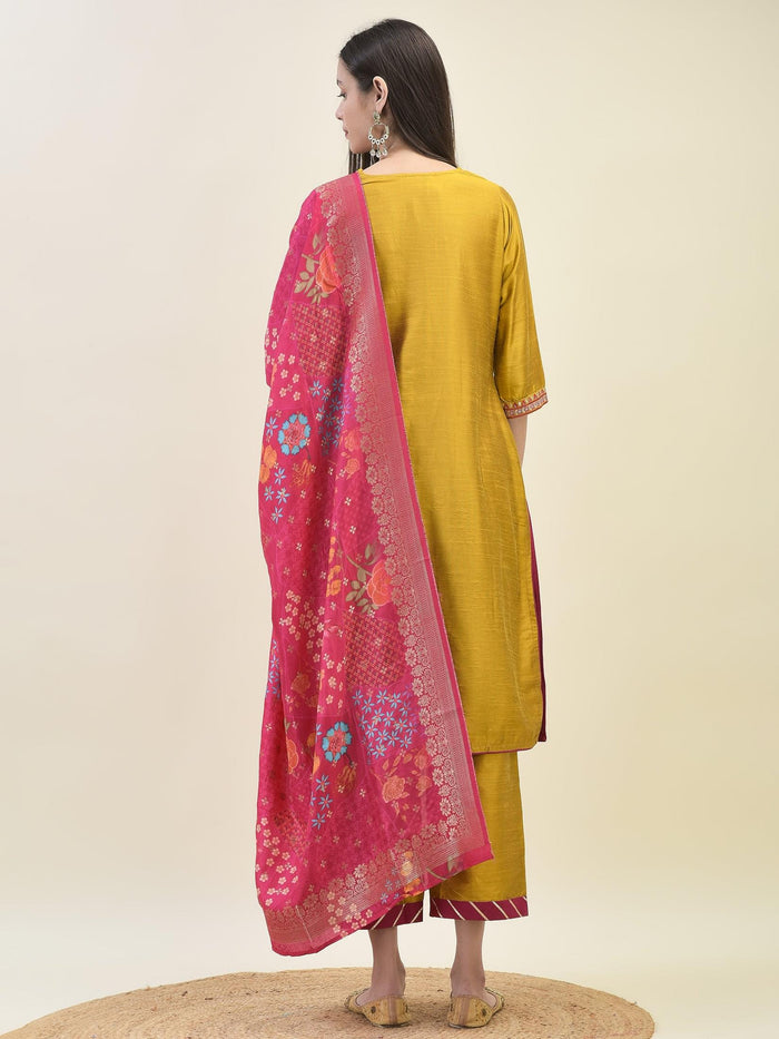 Women Silk Blend Mustard Embroidered Kurta Comfort Pant Dupatta.