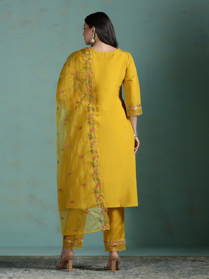 Women Silk Blend Mustard Embroidered Kurta Comfort Pant Dupatta.