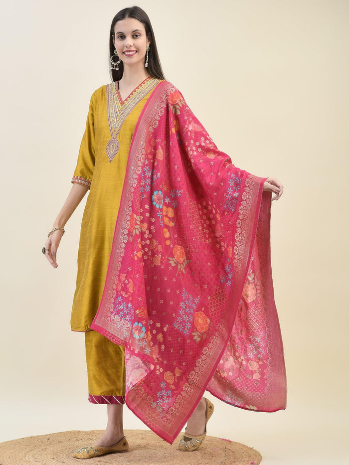 Women Silk Blend Mustard Embroidered Kurta Comfort Pant Dupatta.