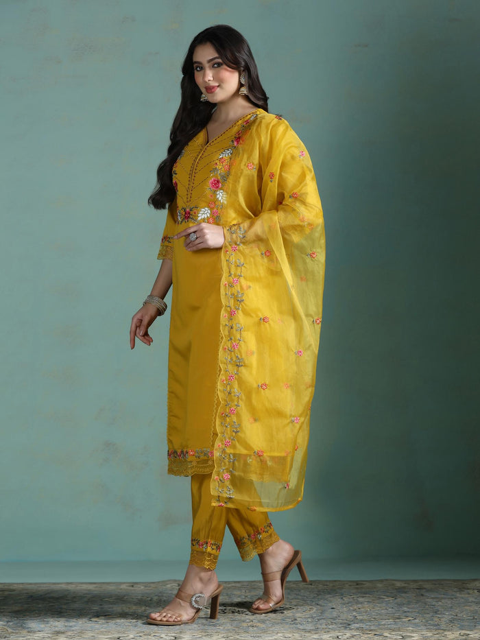 Women Silk Blend Mustard Embroidered Kurta Comfort Pant Dupatta.