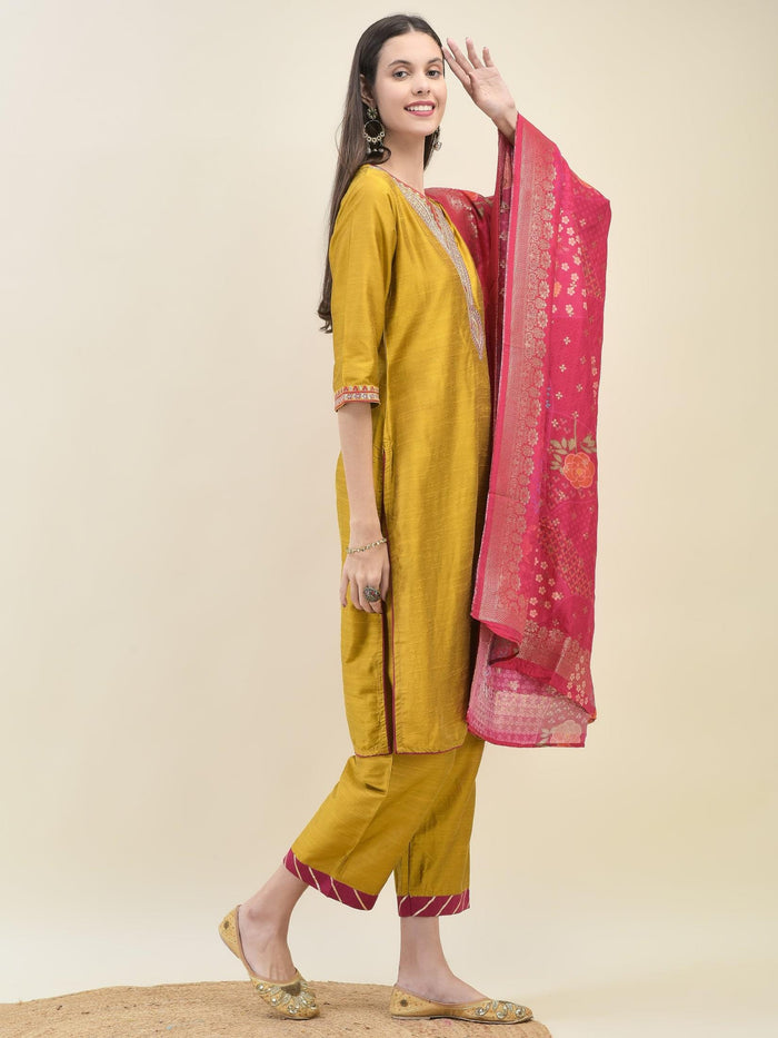 Women Silk Blend Mustard Embroidered Kurta Comfort Pant Dupatta.