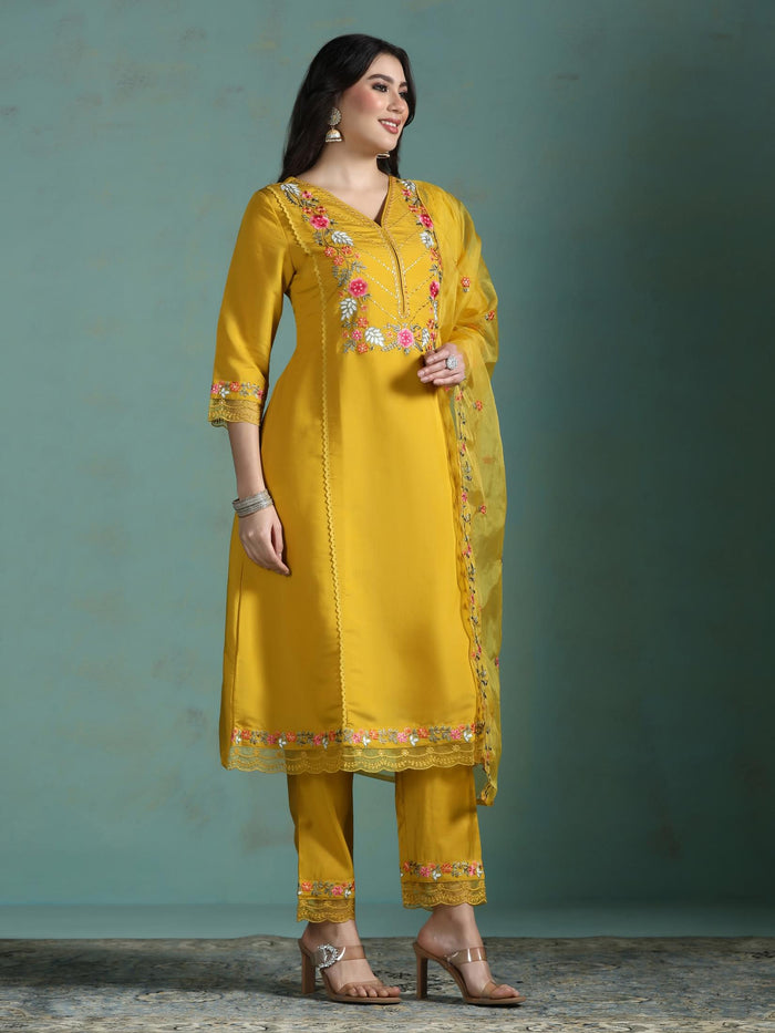 Women Silk Blend Mustard Embroidered Kurta Comfort Pant Dupatta.