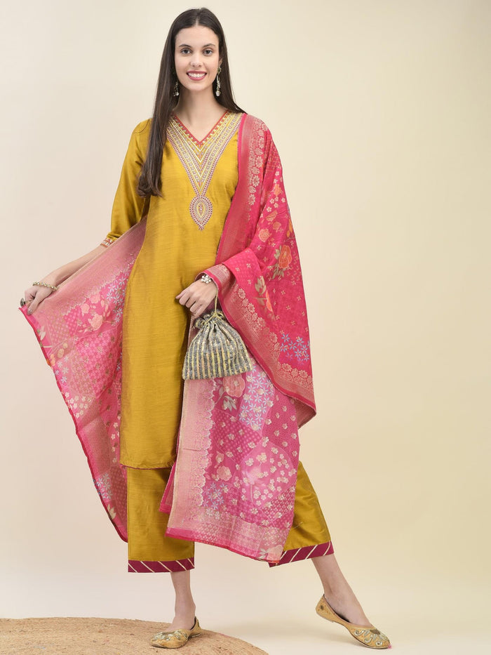 Women Silk Blend Mustard Embroidered Kurta Comfort Pant Dupatta.