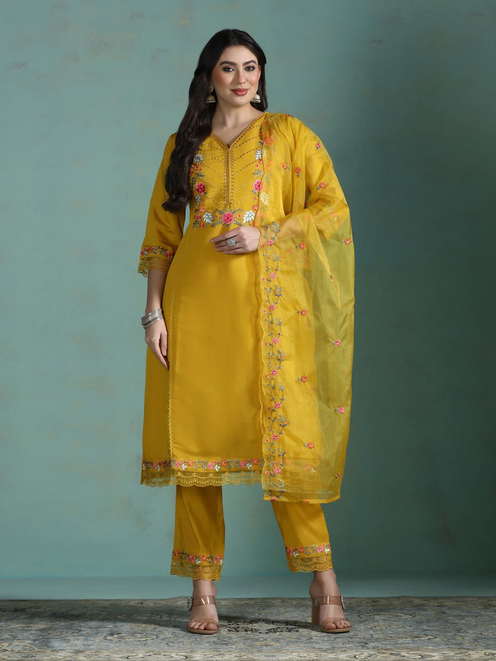 Women Silk Blend Mustard Embroidered Kurta Comfort Pant Dupatta.