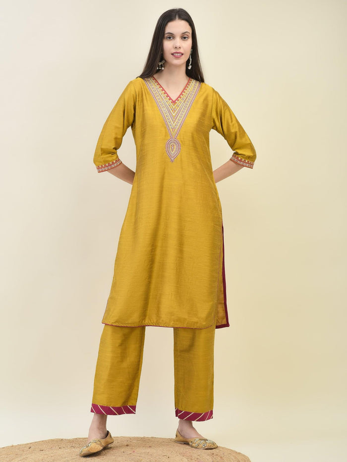 Women Silk Blend Mustard Embroidered Kurta Comfort Pant Dupatta.