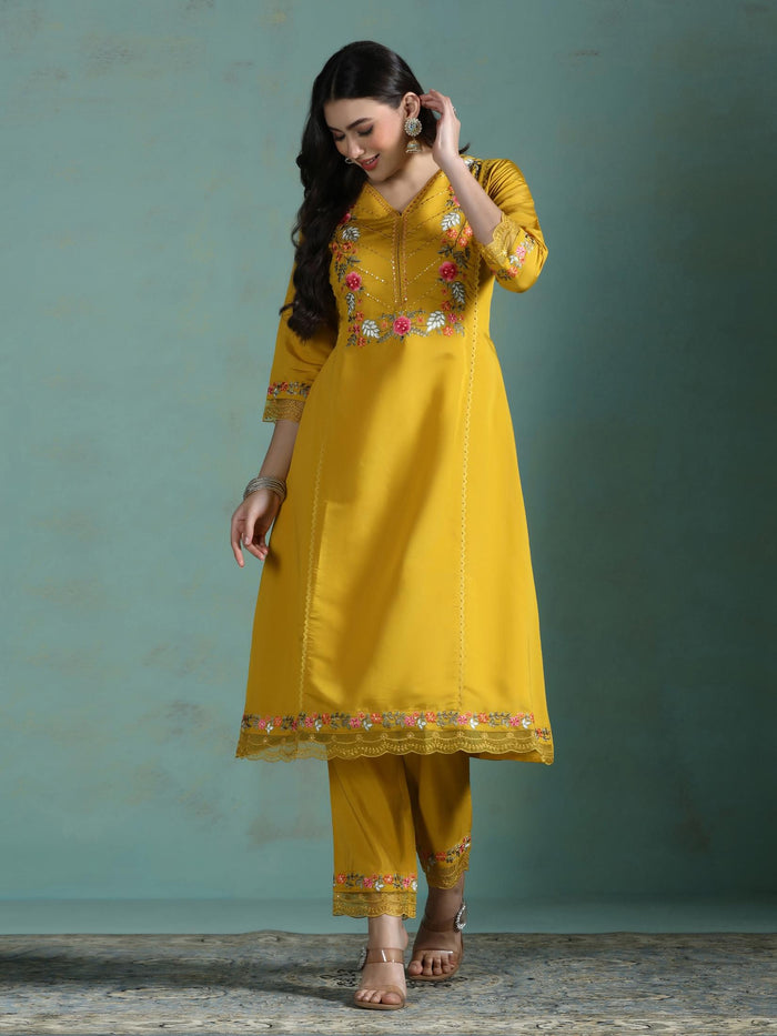 Women Silk Blend Mustard Embroidered Kurta Comfort Pant Dupatta.