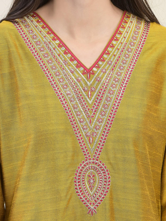 Women Silk Blend Mustard Embroidered Kurta Comfort Pant Dupatta.