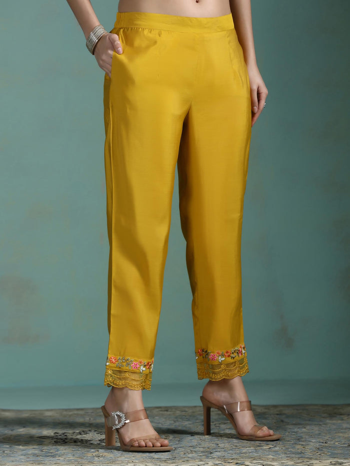 Women Silk Blend Mustard Embroidered Kurta Comfort Pant Dupatta.