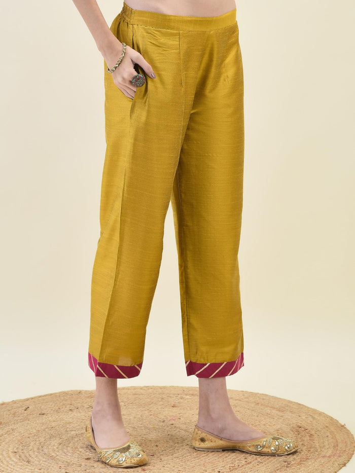 Women Silk Blend Mustard Embroidered Kurta Comfort Pant Dupatta.